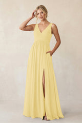 A - Line V - Neck Pleated Chiffon Bridesmaid Dress in Pastel Yellow - KISS BRIDAL Bridesmaid Dresses
