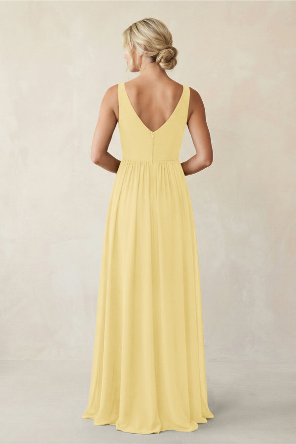 A - Line V - Neck Pleated Chiffon Bridesmaid Dress in Pastel Yellow - KISS BRIDAL Bridesmaid Dresses