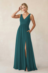 A - Line V - Neck Pleated Chiffon Bridesmaid Dress in Pine - KISS BRIDAL Bridesmaid Dresses