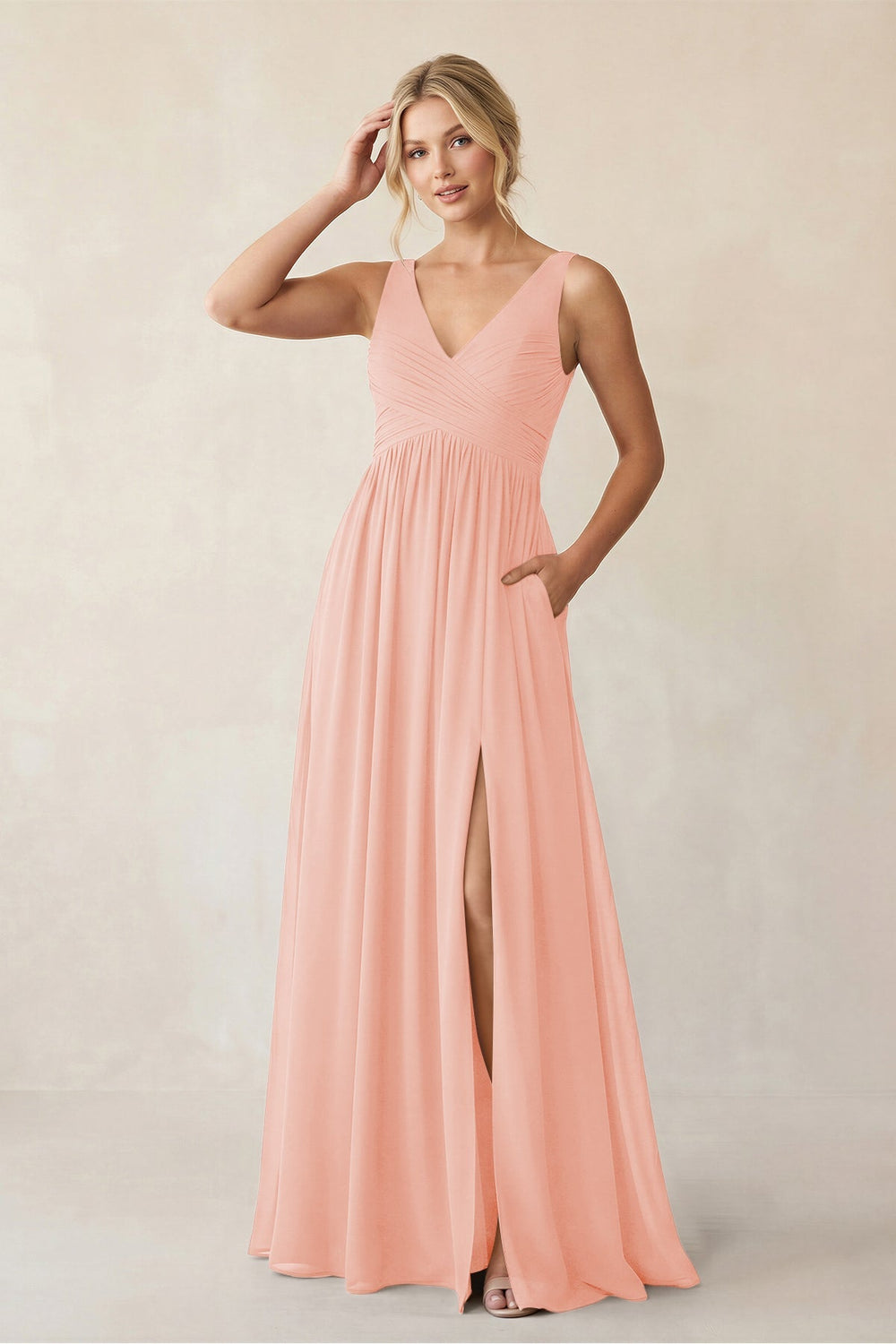 A - Line V - Neck Pleated Chiffon Bridesmaid Dress in Rose Petal - KISS BRIDAL Bridesmaid Dresses