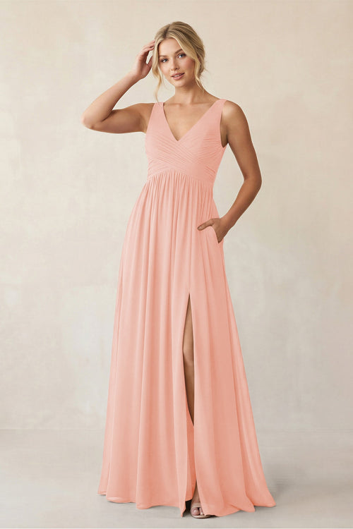 A - Line V - Neck Pleated Chiffon Bridesmaid Dress in Rose Petal - SHE IS ME Bridesmaid Dresses