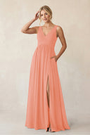 A - Line V - Neck Pleated Chiffon Bridesmaid Dress in Rosette - KISS BRIDAL Bridesmaid Dresses