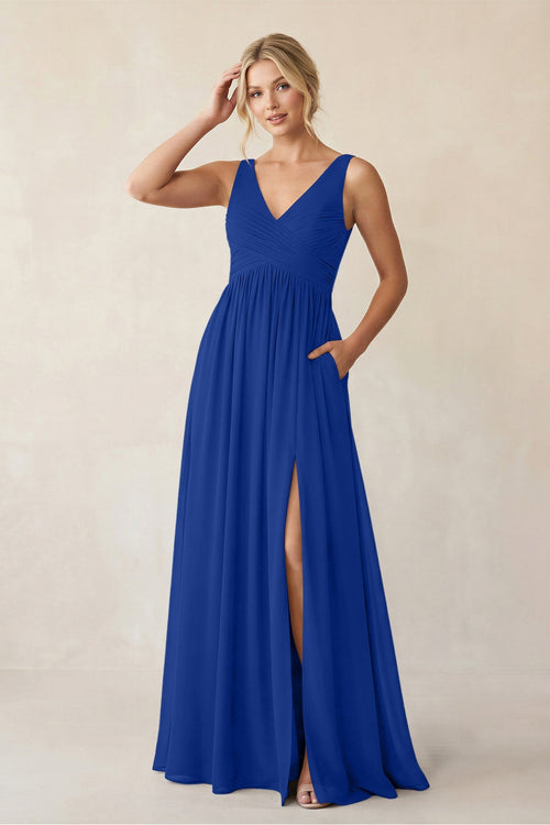 A - Line V - Neck Pleated Chiffon Bridesmaid Dress in Royal Blue - KISS BRIDAL Bridesmaid Dresses