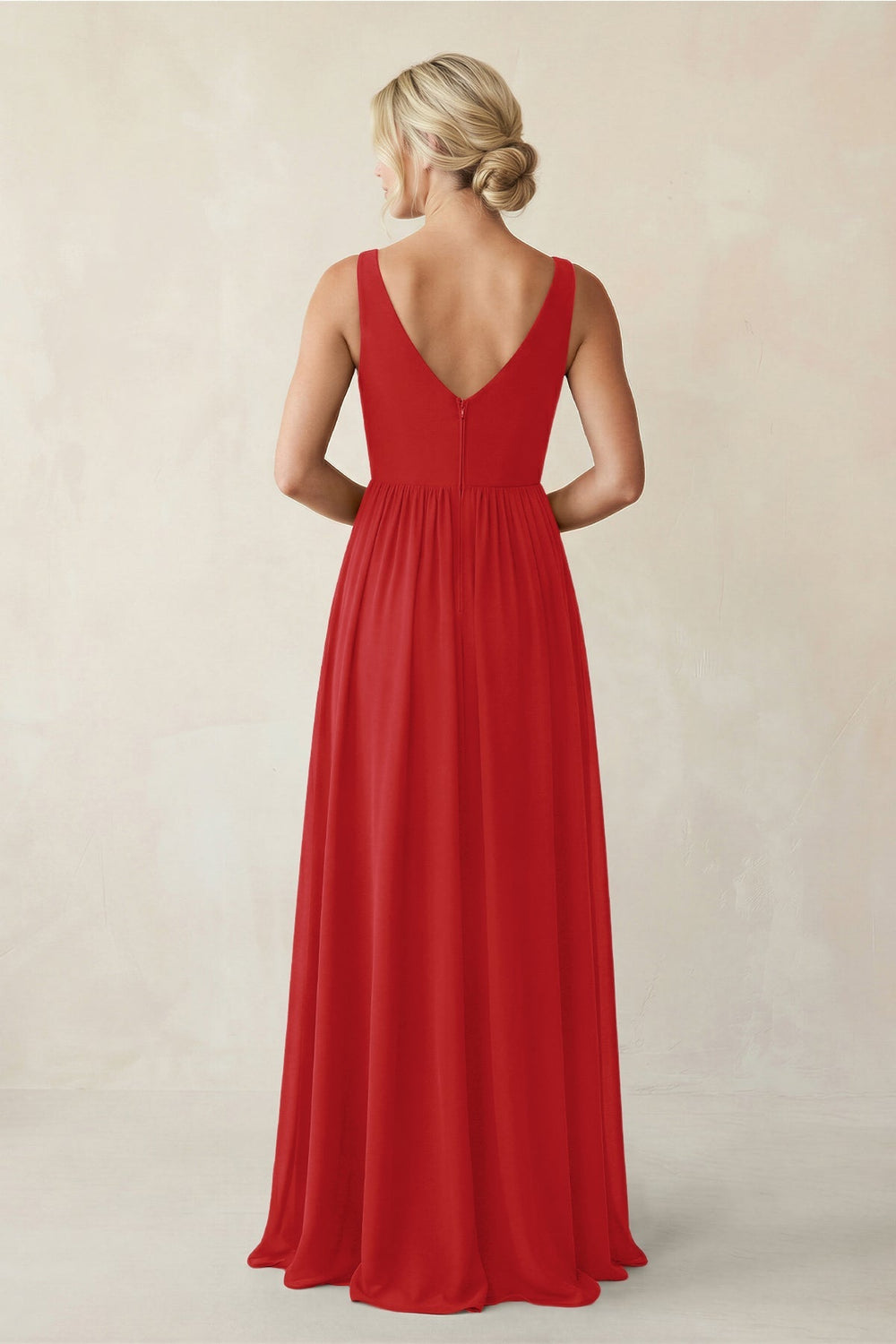 A - Line V - Neck Pleated Chiffon Bridesmaid Dress in Ruby Red - KISS BRIDAL Bridesmaid Dresses