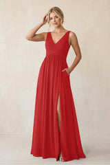 A - Line V - Neck Pleated Chiffon Bridesmaid Dress in Ruby Red - KISS BRIDAL Bridesmaid Dresses