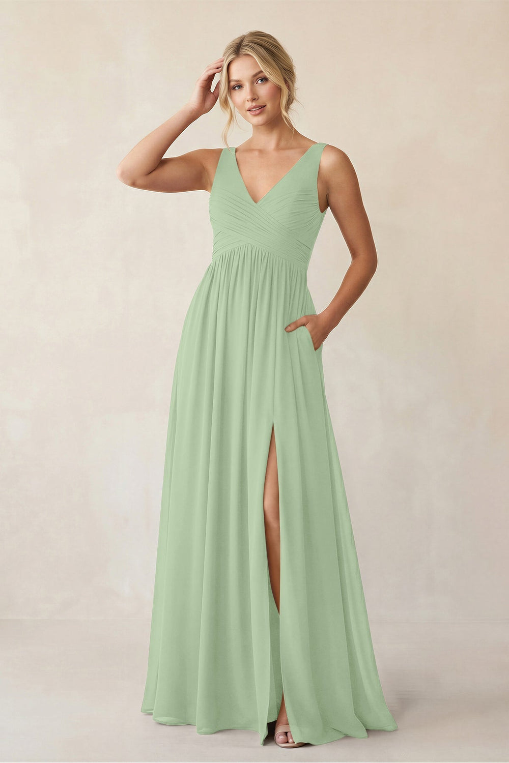 A - Line V - Neck Pleated Chiffon Bridesmaid Dress in Sage - KISS BRIDAL Bridesmaid Dresses