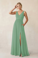 A - Line V - Neck Pleated Chiffon Bridesmaid Dress in Sea Glass - KISS BRIDAL Bridesmaid Dresses