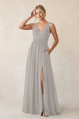 A - Line V - Neck Pleated Chiffon Bridesmaid Dress in Silver - KISS BRIDAL Bridesmaid Dresses
