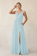 A - Line V - Neck Pleated Chiffon Bridesmaid Dress in Sky Blue - KISS BRIDAL Bridesmaid Dresses