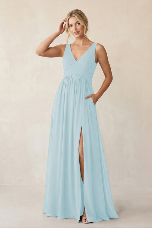 A - Line V - Neck Pleated Chiffon Bridesmaid Dress in Sky Blue - KISS BRIDAL Bridesmaid Dresses