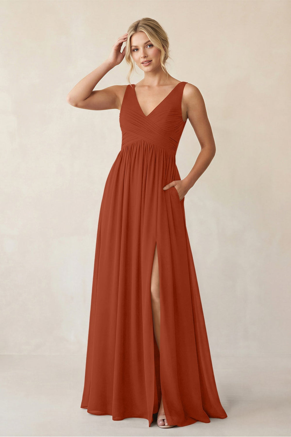A - Line V - Neck Pleated Chiffon Bridesmaid Dress in Spice - KISS BRIDAL Bridesmaid Dresses