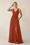 A - Line V - Neck Pleated Chiffon Bridesmaid Dress in Spice - KISS BRIDAL Bridesmaid Dresses