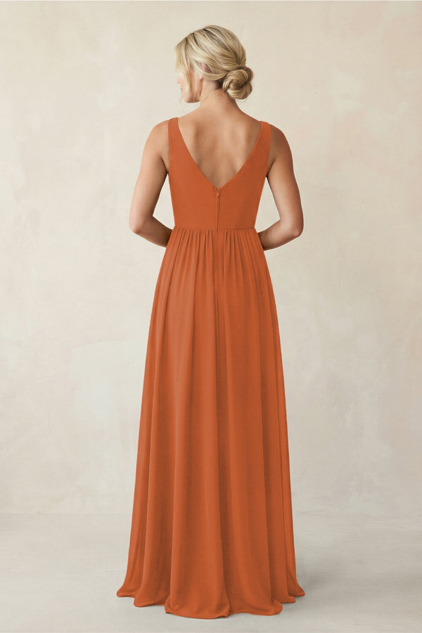 A - Line V - Neck Pleated Chiffon Bridesmaid Dress in Terracotta - KISS BRIDAL Bridesmaid Dresses