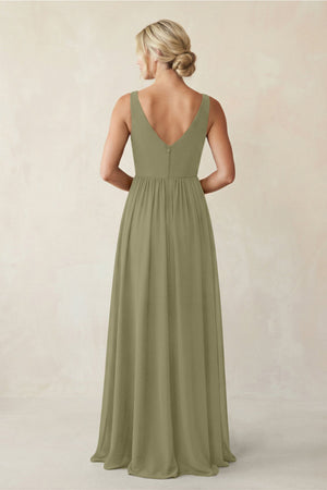 A - Line V - Neck Pleated Chiffon Bridesmaid Dress in Thyme - KISS BRIDAL Bridesmaid Dresses