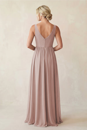 A-Line V-Neck Pleated Chiffon Bridesmaid Dress in Toffee (2) | KISSBRIDAL