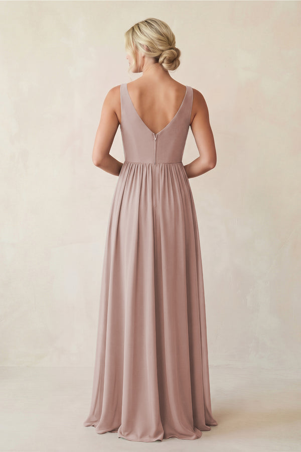 A-Line V-Neck Pleated Chiffon Bridesmaid Dress in Toffee (2) | KISSBRIDAL