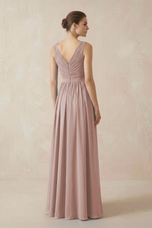 A-Line V-Neck Pleated Chiffon Bridesmaid Dress in Toffee (2) | KISSBRIDAL