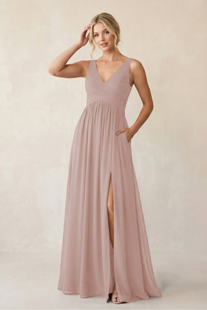 A - Line V - Neck Pleated Chiffon Bridesmaid Dress in Toffee - KISS BRIDAL Bridesmaid Dresses