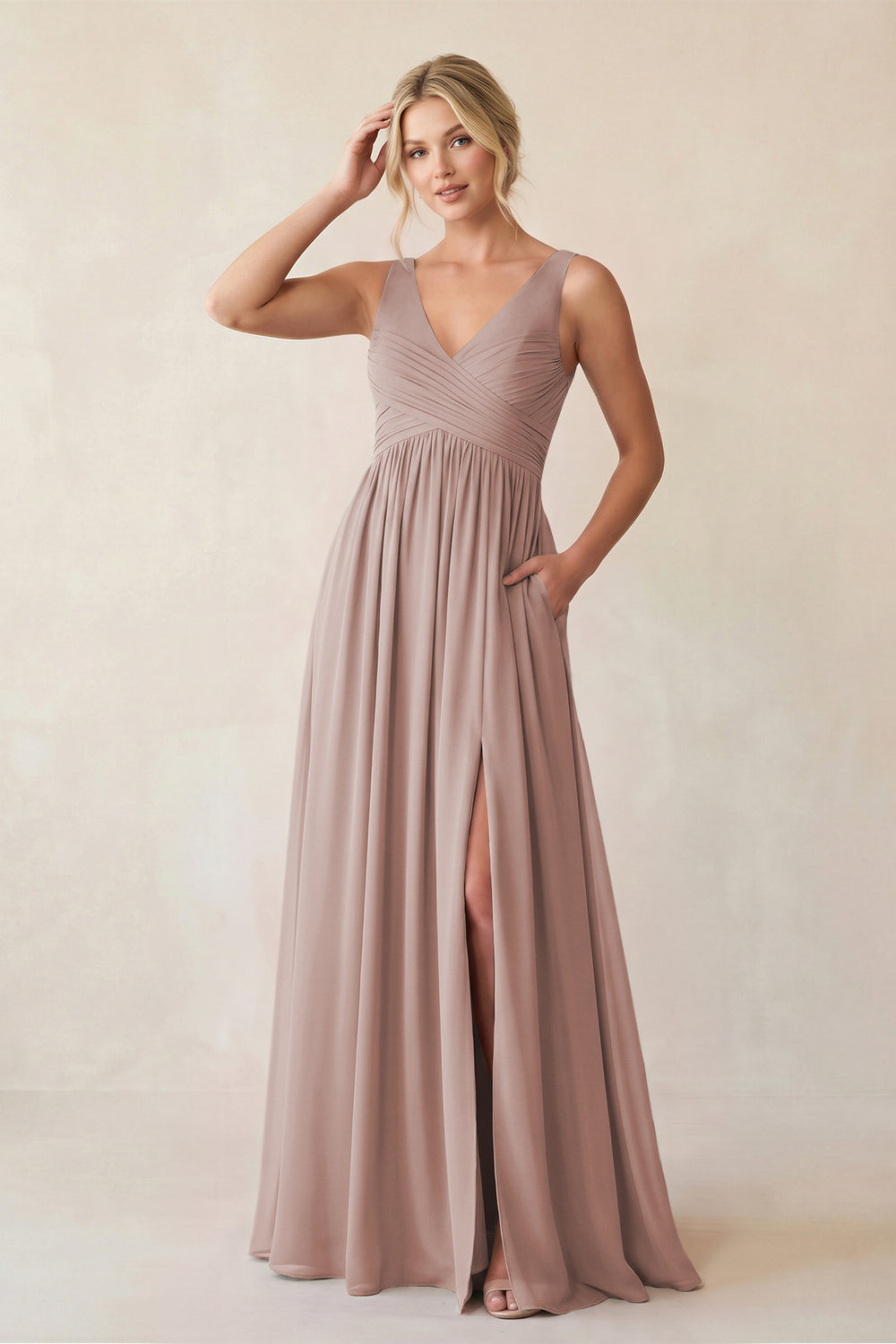 A-Line V-Neck Pleated Chiffon Bridesmaid Dress in Toffee