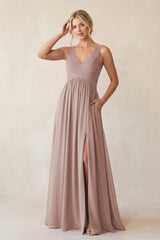 A-Line V-Neck Pleated Chiffon Bridesmaid Dress in Toffee | KISSBRIDAL