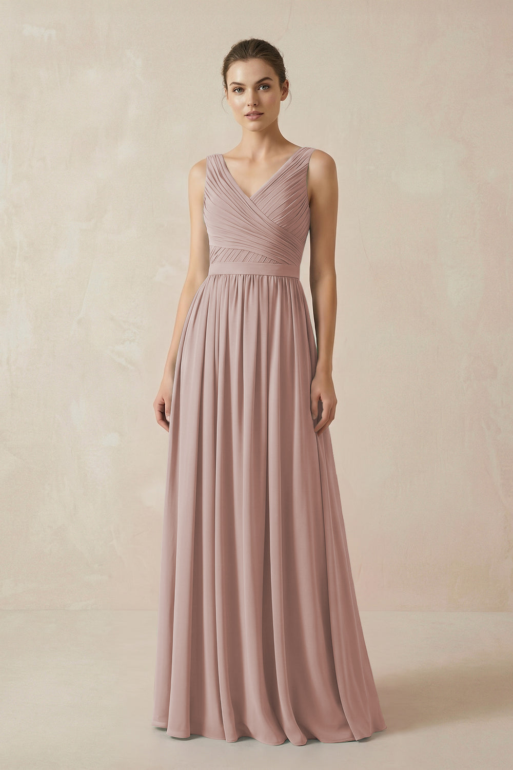 A-Line V-Neck Pleated Chiffon Bridesmaid Dress in Toffee