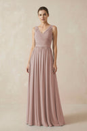 A-Line V-Neck Pleated Chiffon Bridesmaid Dress in Toffee | KISSBRIDAL