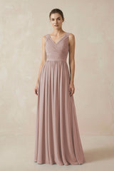 A-Line V-Neck Pleated Chiffon Bridesmaid Dress in Toffee | KISSBRIDAL