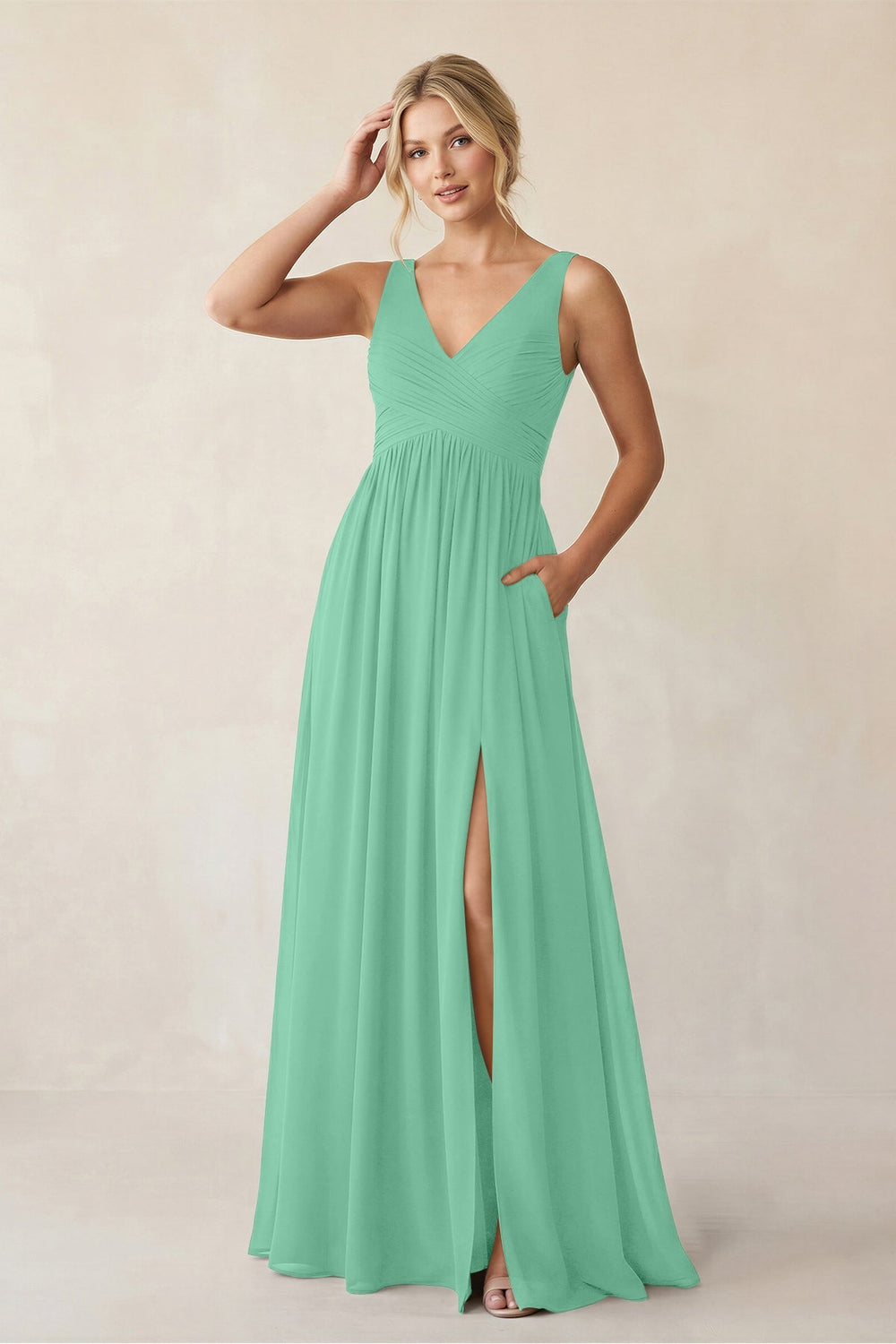 A - Line V - Neck Pleated Chiffon Bridesmaid Dress in Turquoise - KISS BRIDAL Bridesmaid Dresses