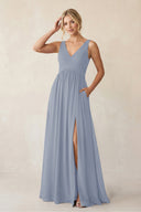 A - Line V - Neck Pleated Chiffon Bridesmaid Dress in Twilight - KISS BRIDAL Bridesmaid Dresses