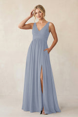 A - Line V - Neck Pleated Chiffon Bridesmaid Dress in Twilight - KISS BRIDAL Bridesmaid Dresses