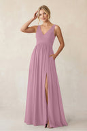 A - Line V - Neck Pleated Chiffon Bridesmaid Dress in Vintage Mauve - KISS BRIDAL Bridesmaid Dresses