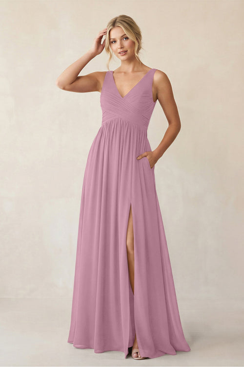 A - Line V - Neck Pleated Chiffon Bridesmaid Dress in Vintage Mauve - KISS BRIDAL Bridesmaid Dresses
