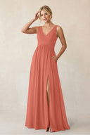 A - Line V - Neck Pleated Chiffon Bridesmaid Dress in Wild Rose - KISS BRIDAL Bridesmaid Dresses