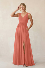 A - Line V - Neck Pleated Chiffon Bridesmaid Dress in Wild Rose - KISS BRIDAL Bridesmaid Dresses