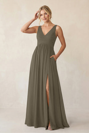 A - Line V - Neck Pleated Chiffon Bridesmaid Dress in Willow Green - KISS BRIDAL Bridesmaid Dresses