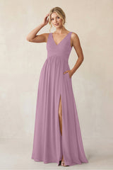 A - Line V - Neck Pleated Chiffon Bridesmaid Dress in Wisteria - KISS BRIDAL Bridesmaid Dresses
