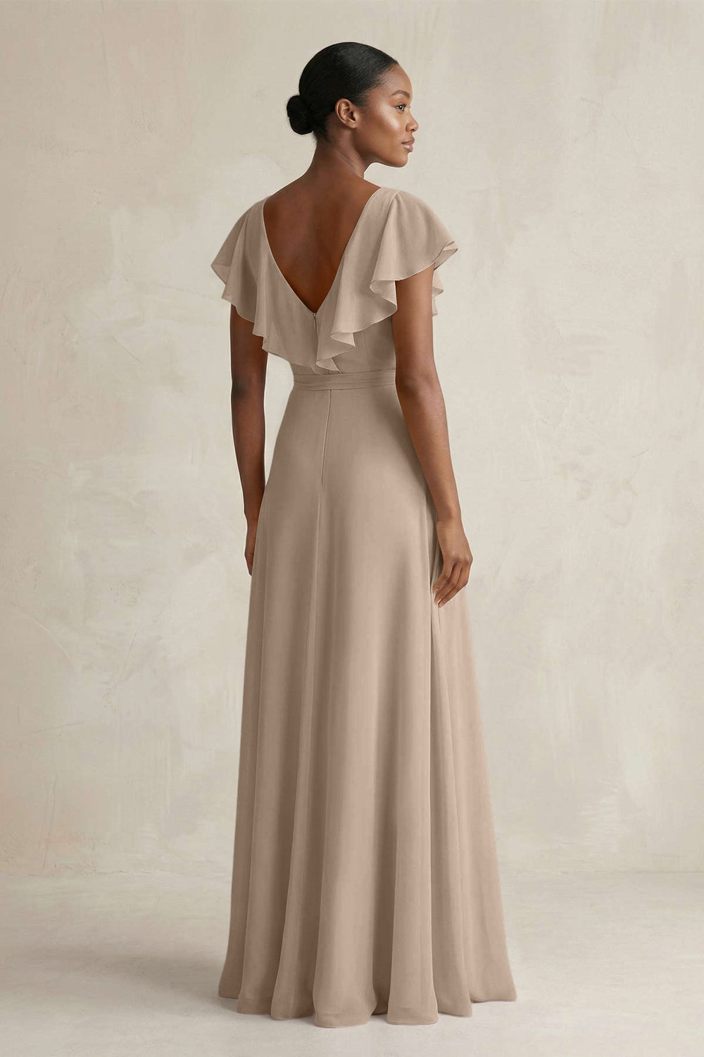 A-Line V-Neck Ruffled Sleeve Chiffon Bridesmaid Dress in Almond