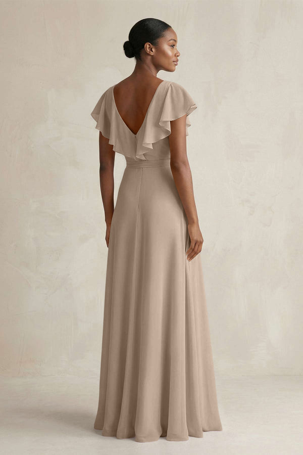 A-Line V-Neck Ruffled Sleeve Chiffon Bridesmaid Dress in Almond (2) | KISSBRIDAL