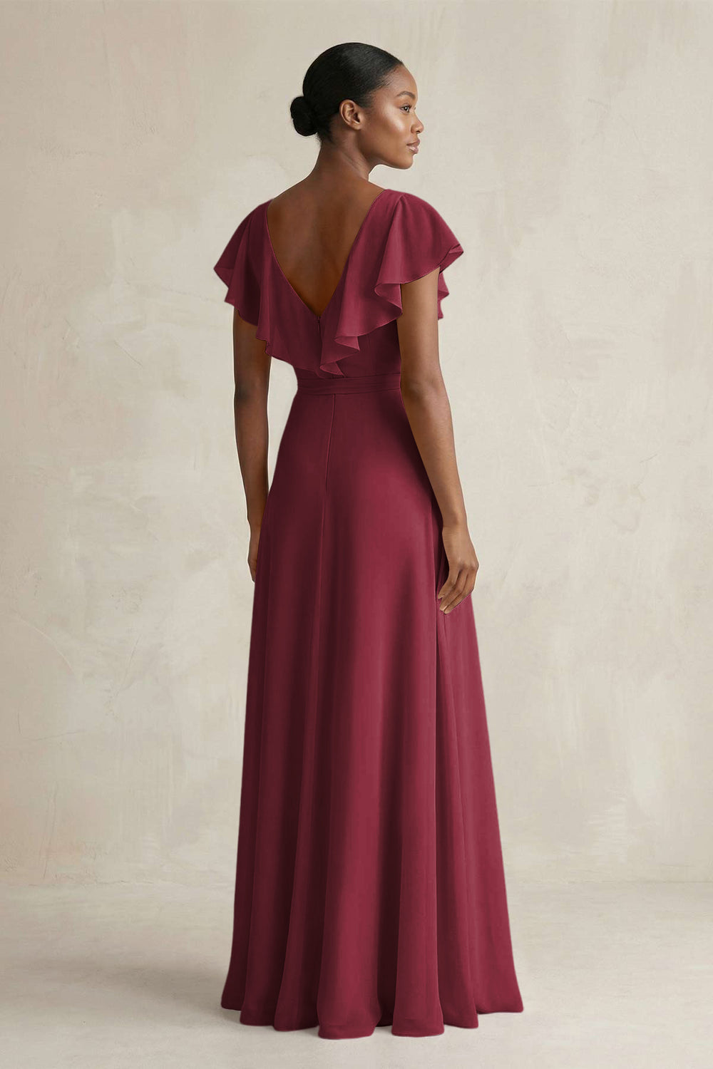 A-Line V-Neck Ruffled Sleeve Chiffon Bridesmaid Dress in Berry