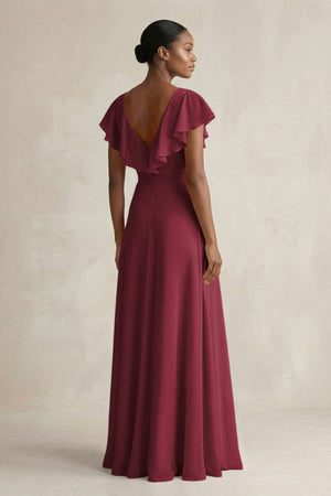 A-Line V-Neck Ruffled Sleeve Chiffon Bridesmaid Dress in Berry (2) | KISSBRIDAL