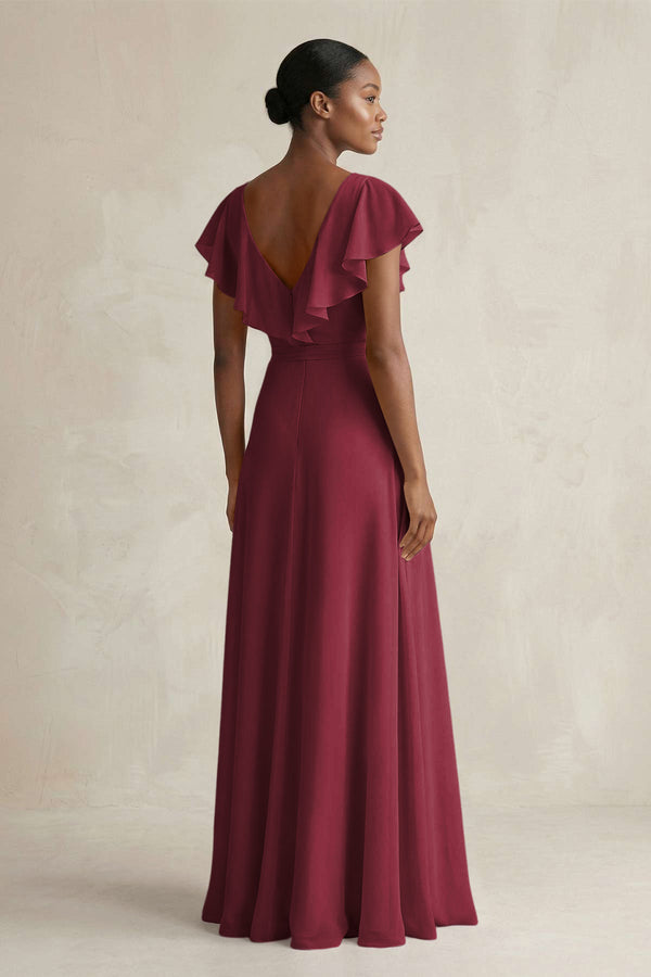A-Line V-Neck Ruffled Sleeve Chiffon Bridesmaid Dress in Berry (2) | KISSBRIDAL