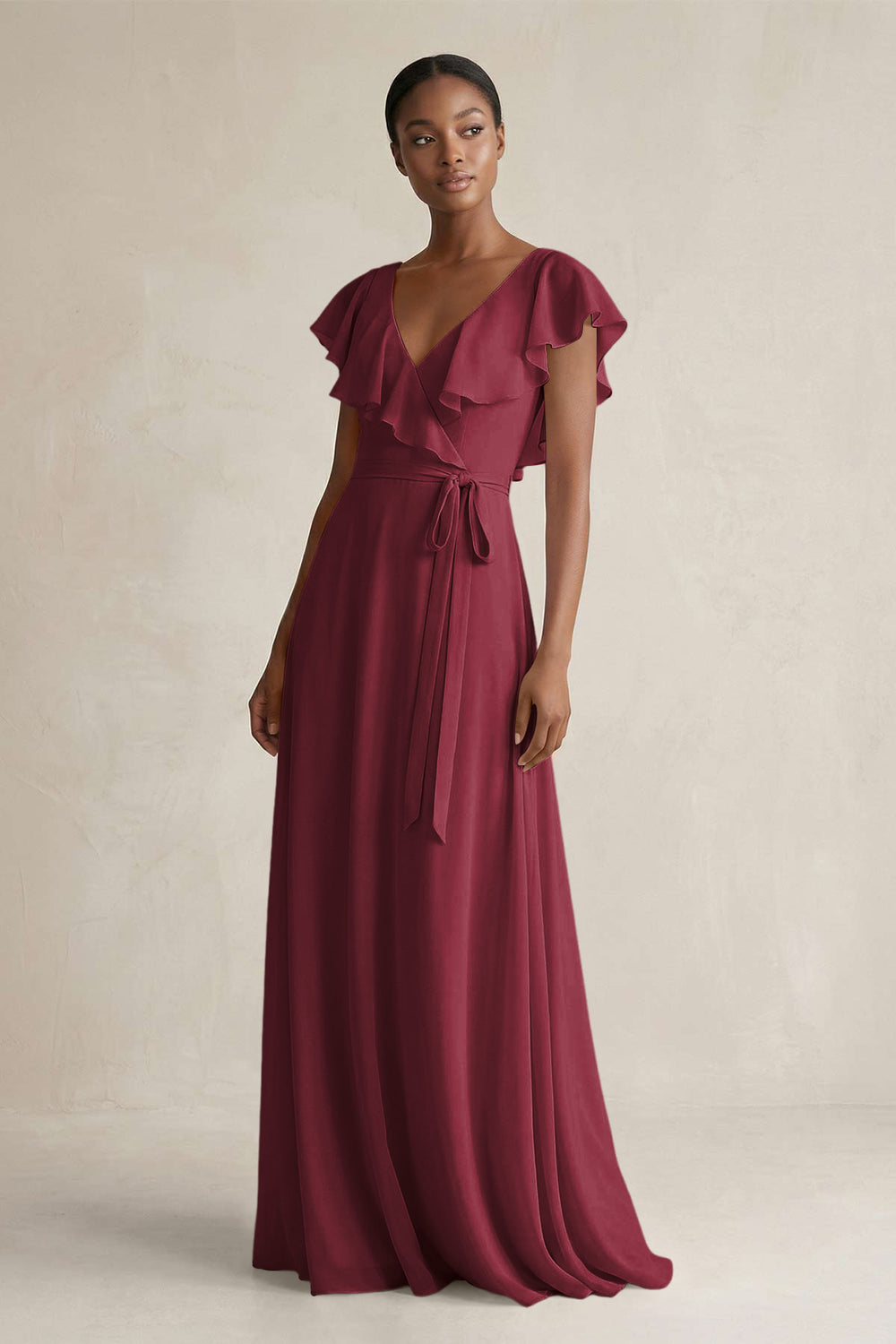A-Line V-Neck Ruffled Sleeve Chiffon Bridesmaid Dress in Berry
