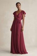 A-Line V-Neck Ruffled Sleeve Chiffon Bridesmaid Dress in Berry | KISSBRIDAL