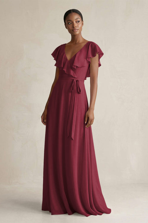 A-Line V-Neck Ruffled Sleeve Chiffon Bridesmaid Dress in Berry | KISSBRIDAL