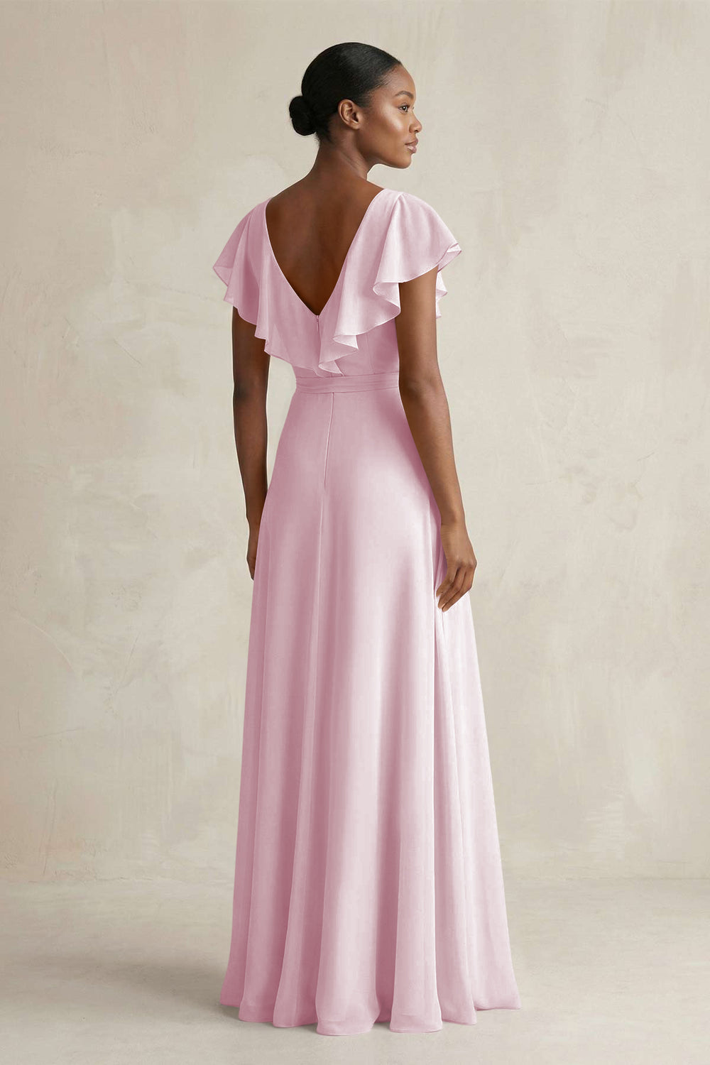 A-Line V-Neck Ruffled Sleeve Chiffon Bridesmaid Dress in Candy Pink
