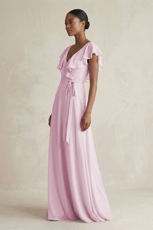 A-Line V-Neck Ruffled Sleeve Chiffon Bridesmaid Dress in Candy Pink (3) | KISSBRIDAL