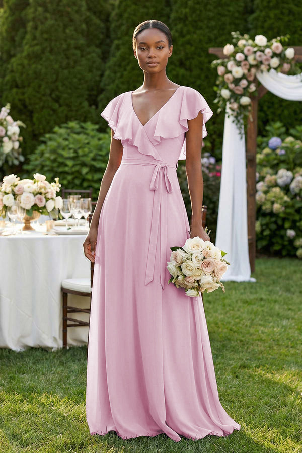 A-Line V-Neck Ruffled Sleeve Chiffon Bridesmaid Dress in Candy Pink (4) | KISSBRIDAL