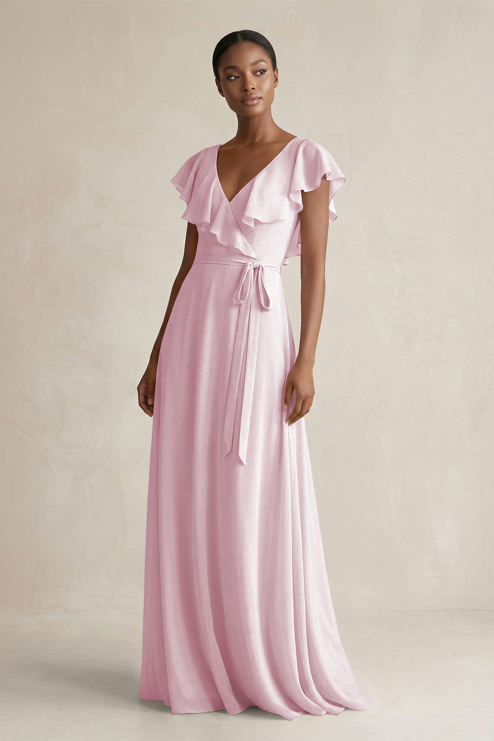 A-Line V-Neck Ruffled Sleeve Chiffon Bridesmaid Dress in Candy Pink