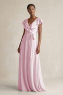 A-Line V-Neck Ruffled Sleeve Chiffon Bridesmaid Dress in Candy Pink | KISSBRIDAL