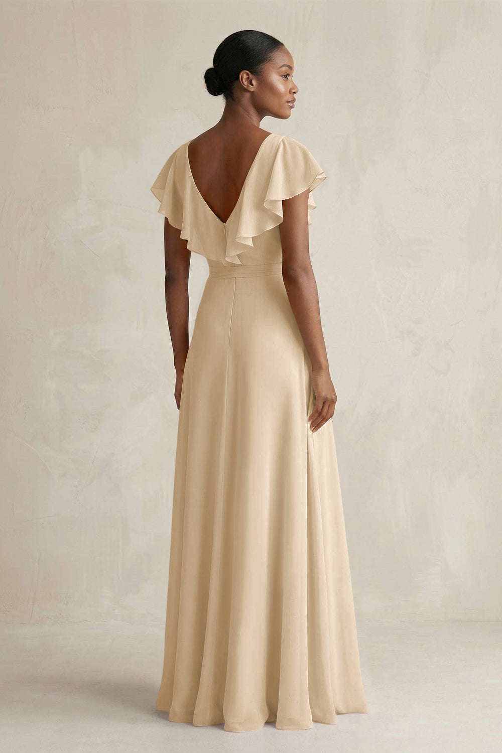 A-Line V-Neck Ruffled Sleeve Chiffon Bridesmaid Dress in Champagne